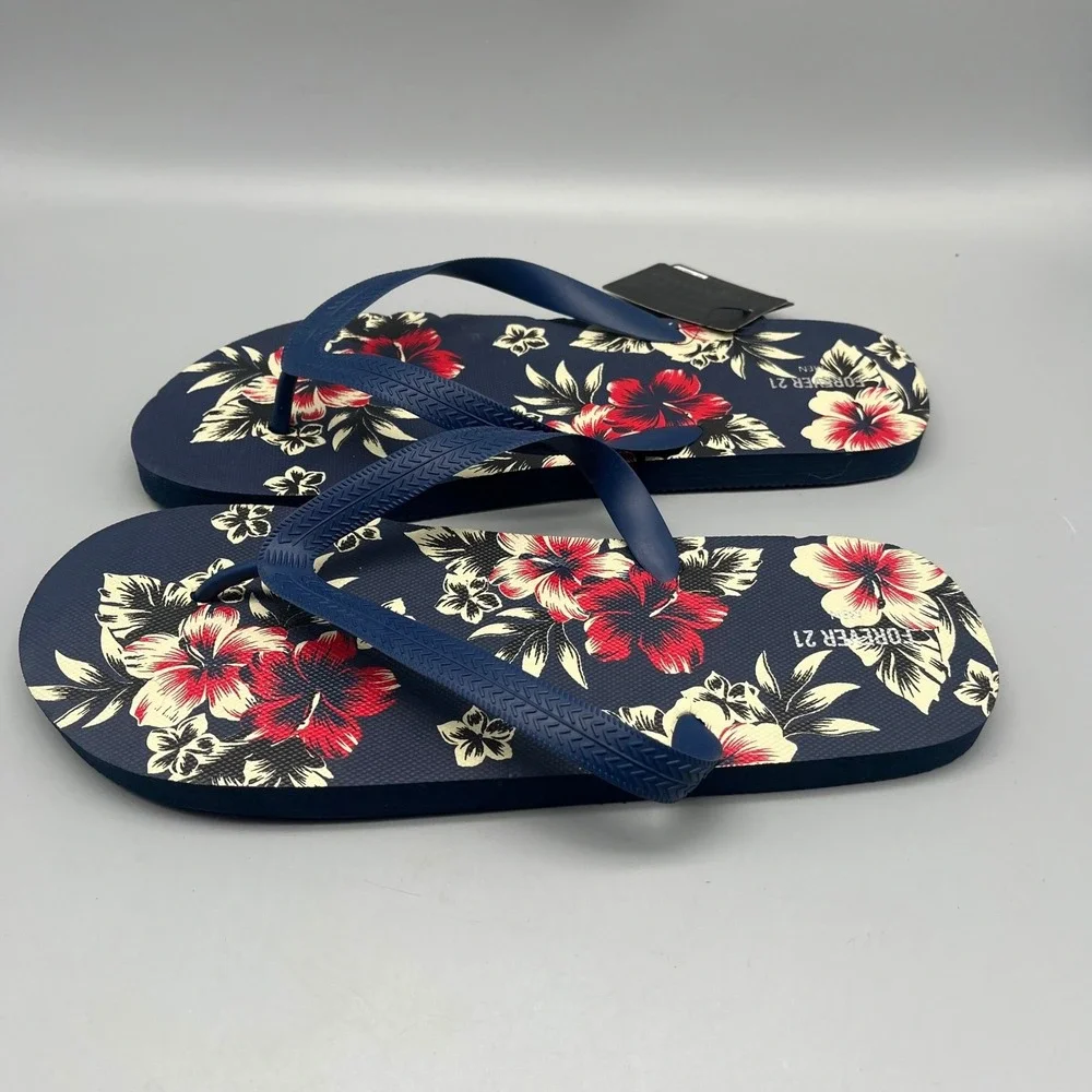NWT Forever 21 Flip Flops Men's Large 45/46‎ Navy Blue Tropical Floral Hibiscus